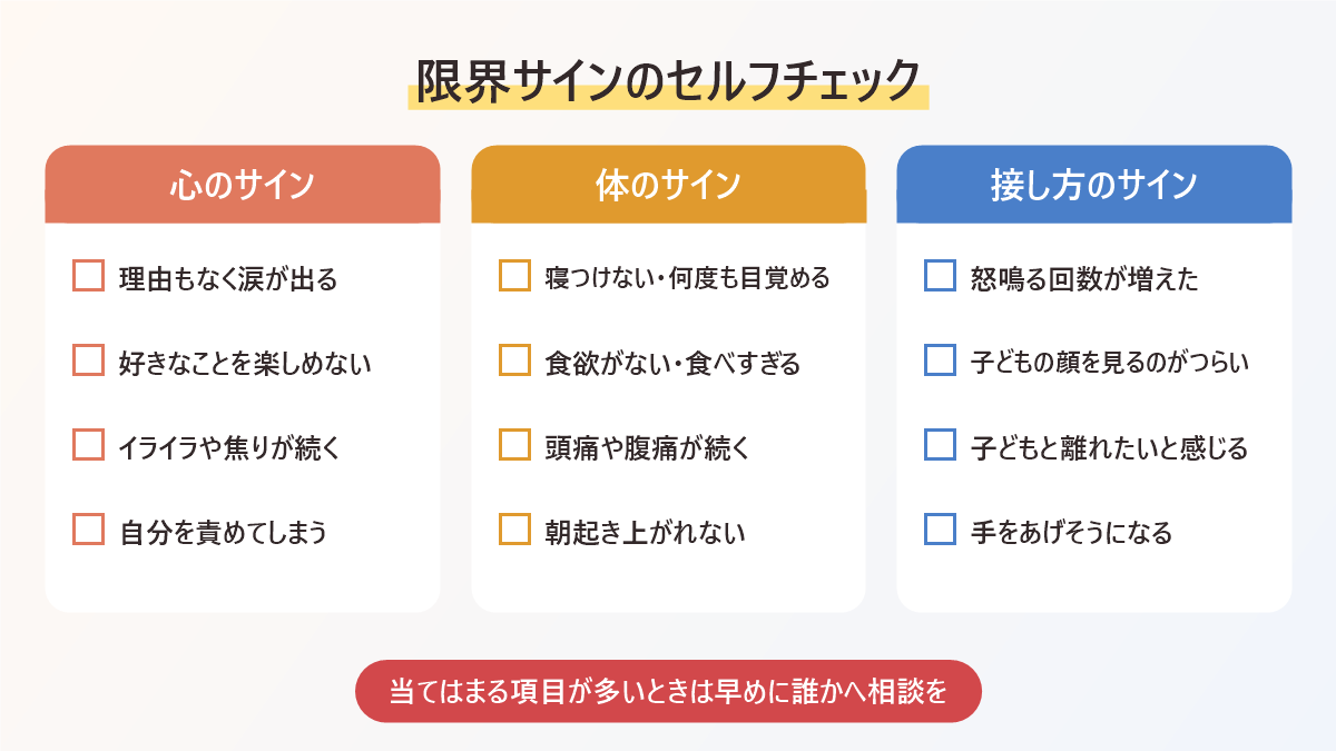 自閉症の育児で見逃したくない限界サインのセルフチェック表。心のサイン、体のサイン、子どもへの接し方のサインの3つに分けたチェック項目