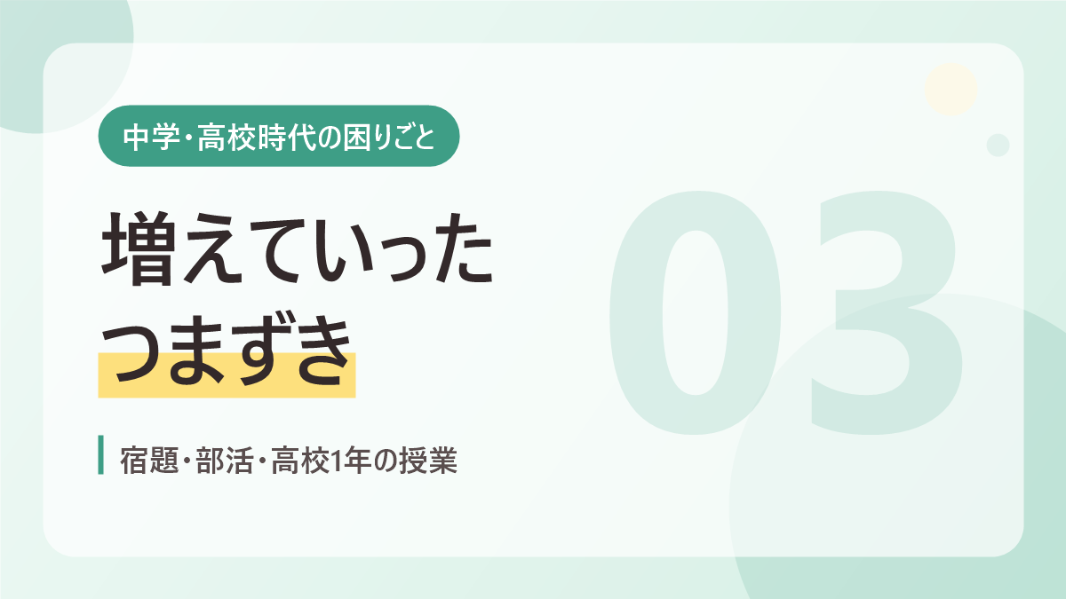 中学・高校時代の困りごとのバナー画像。増えていったつまずき