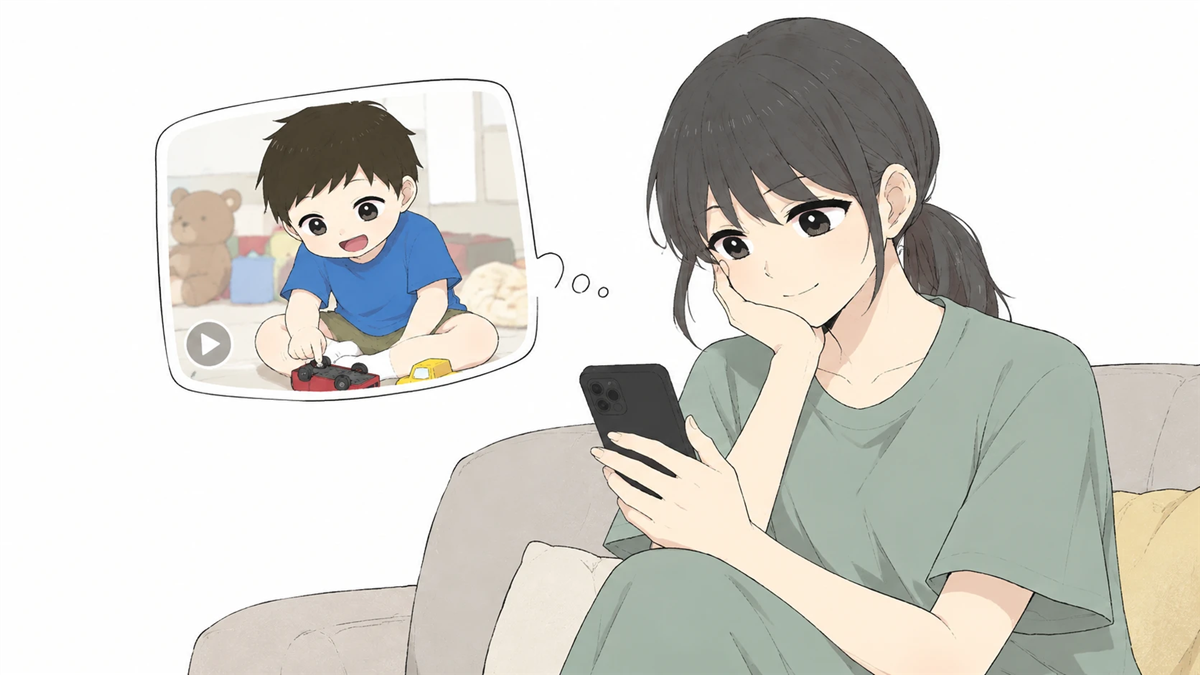 スマホで昔の動画を見ながら、ミニカーのタイヤを回して遊んでいた小さい頃の息子を思い出す母親のイラスト